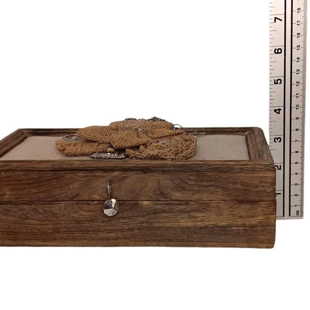 Jewelry Box Brown Wooden Trinket Box With Burlap And Silver Metal Flowers 10x5x3